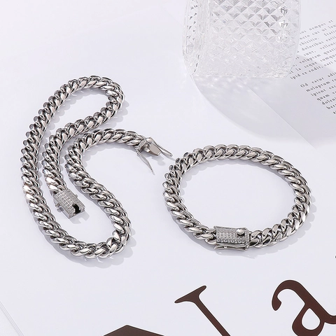 Ensemble Collier Et Bracelet Maille Cubaine Hip Hop Acier Inoxydable Strass Fermoir Carré Iced Out Bijoux Streetwear