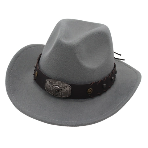 Western Cowboy Hat Wool Felt Jazz Cap With Bull Head Metal Buckle Faux Leather Belt Retro Wide Brim Outdoor