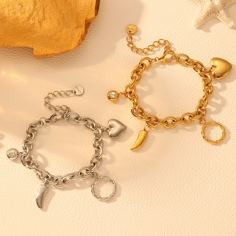 Pulsera de Abalorios de Acero Inoxidable de Moda Corazón Strass para Mujer Pulsera de Cadena de Eslabones Gruesos Joyería de Regalo