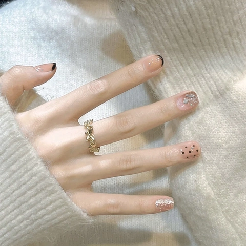 Handmade Press On Nails French Black Tip Polka Dots Silver Glitter Rhinestone Sweet Chic Pink ABS False Nails For Women