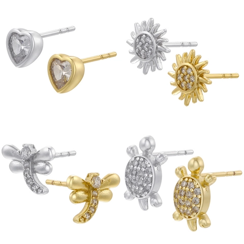 Lindos Pendientes de Botón de Cobre Bañados en Oro Plata con Circonia para Mujer Tortuga Libélula Corazón Girasol Joyería