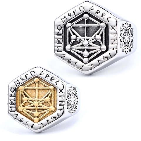 Viking Signet Ring Stainless Steel Hexagonal Nordic Runes Vegvisir Compass Tree Of Life Retro Punk Jewelry For Men