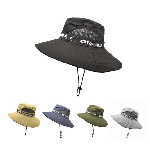 Men Outdoor Bucket Hat Breathable Mesh Wide Brim Sun Protection Adjustable Windproof Rope Polyester Fishing Hiking