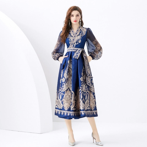 Elegante Abito Maxi Stampa Paisley Blu Notte Scollo A V Maniche A Lanterna Trasparenti Vita Annodata Retrò
