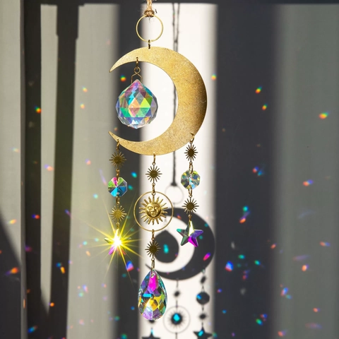 Kristall Sonnenfänger Mond Stern Sonne Gold Metall Prisma Anhänger Regenbogenmacher Fensterbehang Heimdeko Akzent