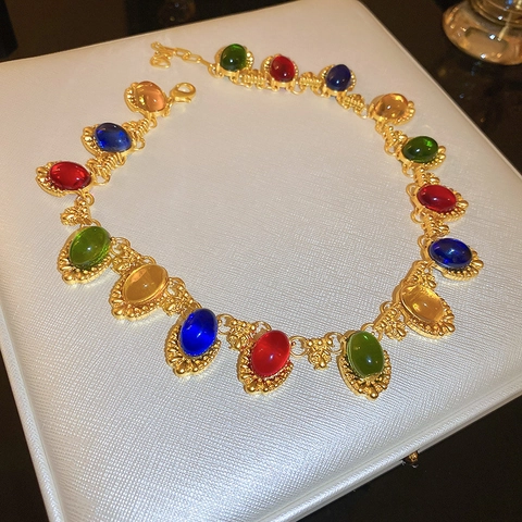 Collana Pietre Preziose Ovali Colorate Vintage Lega Rame Stile Palazzo Catena Clavicicola Gioielli Eleganti Per Donne