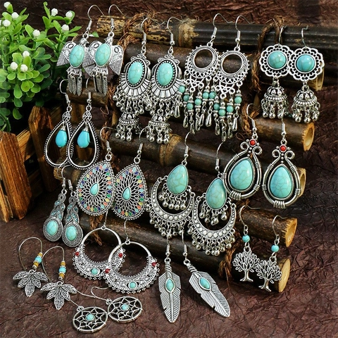 Bohemian Retro Waterdrop Drop Earrings For Women Antique Silver Alloy Artificial Turquoise Tassel Ethnic Vintage Earrings