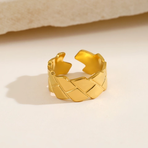 Quilted Geometric Open Adjustable Ring 18K Gold Plated Stainless Steel Minimalist Elegant Jewelry For Women
