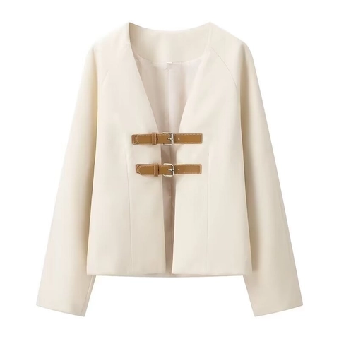 Veste Courte En Laine À Col En V Pour Femmes Manches Longues Fermeture À Boucle En Cuir Vêtement D'Extérieur Élégant