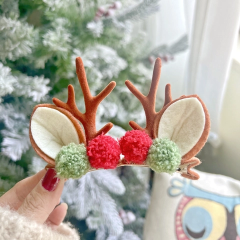 Pinces à Cheveux en Bois de Renne de Noël Avec Boules en Peluche Résine Feutre Style Forêt Mignonnes Épingles à Cheveux pour Femmes Filles Fête Décoration