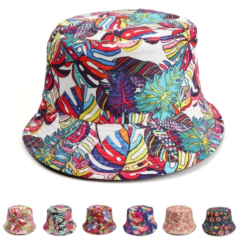 Reversible Bucket Hat Floral Tropical Leaf Print Sun Protection Wide Brim Outdoor Vacation Fisherman Hat Polyester