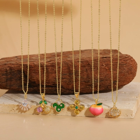 Elegante Collar de Colgante de Cobre y Circonia Para Mujer Fruta Melocotón Cereza Flor Forma de Abanico Chapado en Oro Esmalte Joyería