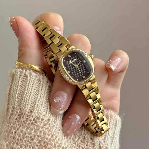 Elegant Women Quartz Watch With Oval Rhombus Texture Dial Rhinestone Inlaid Stainless Steel Strap Waterproof Fashion Wristwatch
