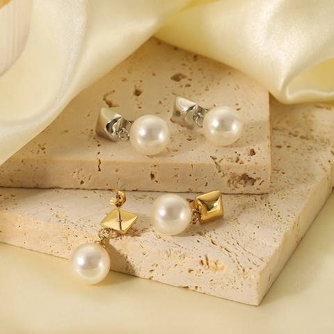 Geometric Square Stud Artificial Pearl Drop Earrings 18K Gold Plated Stainless Steel Elegant Jewelry For Women