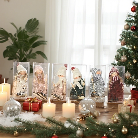 Christmas Skiing Doll Ornaments Wooden Knitting Yarn Tassel Figures Hanging Decorations Xmas Tree Tabletop Decor