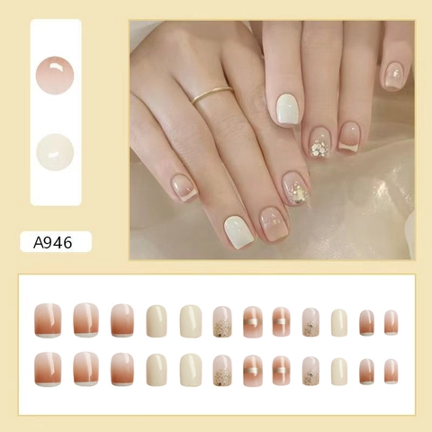 Press On Nails French Style Champagne Gradient Milky White Glitter Short Square Glossy Fake Nails For Women