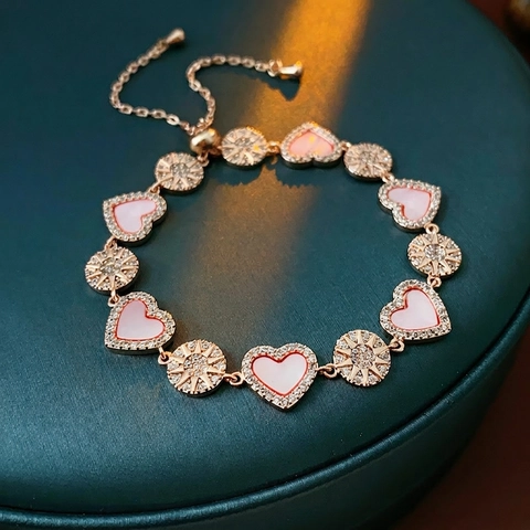Pulsera Charm Corazón Sol Estrella Cobre Bañado Oro Rosa Madreperla Rosa Circonita Deslizante Ajustable Joyas Mujeres