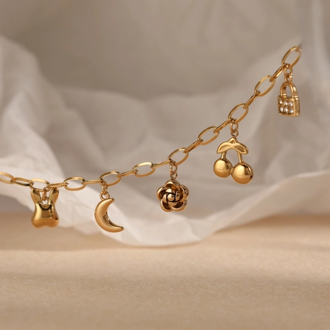Bracciale Multi Ciondolo In Acciaio Inossidabile Da Donna Rhinestone Luna Rosa Ciliegia Cuore Placcato PVD