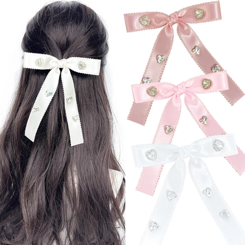 Süße Schleife Haarspange Satinband Herz Strass Elegante Gewellte Kante Entenschnabelclip Für Frauen Mädchen Lolita Stil