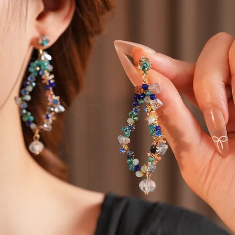 Vintage Multi-Color Glass Crystal Beaded Drop Earrings With Silver Earring Post Hand-Woven Bohemian Tassel Jewelry Women