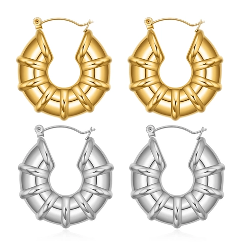 Pendientes De Aro Acanalados Acero Inoxidable 304 Geométricos En Forma De U Rayados Vintage Estilo Francés Para Mujer