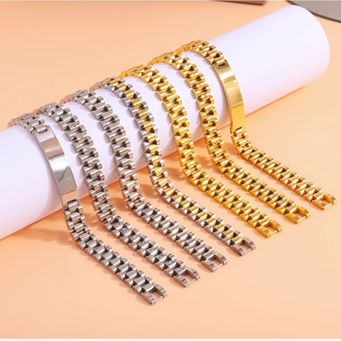 Pulsera De Acero Inoxidable Estilo Correa De Reloj Con Diamantes De Imitación Placa ID Lujo Joyería Unisex