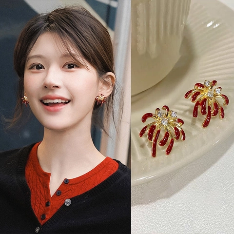 Orecchini A Fiore Di Fuochi D'artificio Smalto Rosso Placcato Oro Rame Con Perno In Argento Stile Vintage
