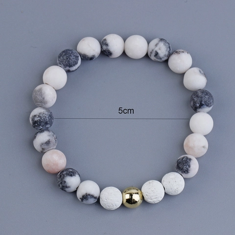 Natural Pink Zebra Stone Beaded Bracelet With White Lava Rock And Gold Metal Bead Elastic Fashion Jewelry For Men