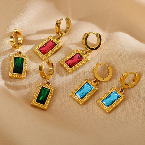 Vintage Rechteckige Zirkonia Edelstahl Ohrringe Vergoldet Geometrische Hängeohrringe Damen Elegante Mode Schmuck