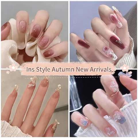 Autumn Press On Nails French Gradient Glossy Marble Floral Starry Heart Design Reusable Artificial False Nails For Women
