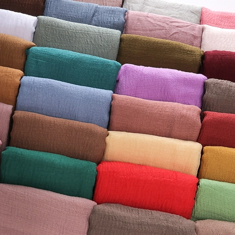 Women Wrinkled Cotton Viscose Scarf Shawl Fringed Tassel Edges Retro Solid Color Lightweight Breathable Hijab