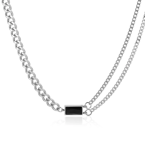 Double Layer Stainless Steel Cuban Chain Necklace With Rectangular Black Gemstone Pendant Hip Hop Punk Jewelry Unisex