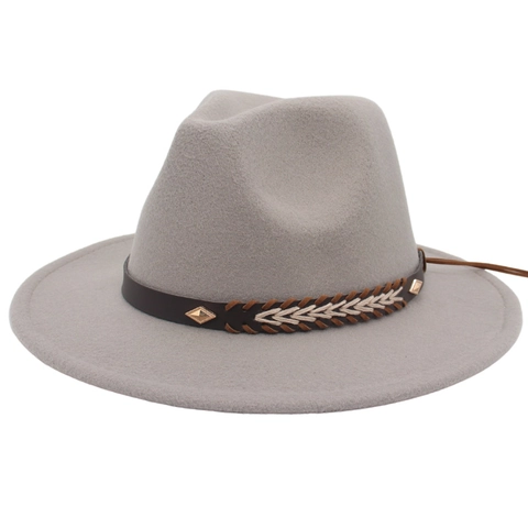 Fedora Hat Wool Felt Wide Brim Jazz Hat With Woven Leather Band Metal Rivets Vintage British Style Men Women