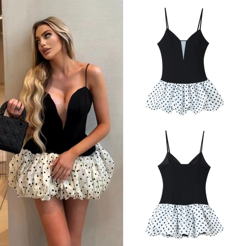 Mini Abito Scollo A V Profondo Pois Patchwork Mesh Orlo A Palloncino Spalline Sottili Vestibilità Aderente Elegante Chic Donne