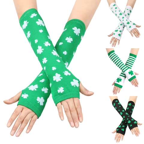 Scaldamuscoli con Motivo a Trifoglio di San Patrizio Guanti Lunghi in Maglia Senza Dita per Festa in Maschera di Carnevale