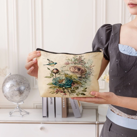 Neceser De Maquillaje Vintage De Lino Con Diseño De Flores Y Pájaros Bolsa De Aseo Con Cremallera Organizador De Viaje Para Mujer