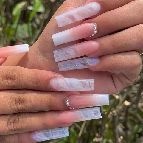 Uñas Postizas Largas Forma Ataúd Rosa Blanco Ombré Mármol Diamantes Imitación Purpurina Estilo Francés Mujeres