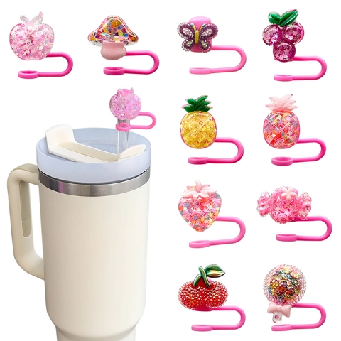 Siliconen Rietjes Covers Herbruikbare Rietjes Doppen Fruit Snoep Vormen Hars Glitter Drinkgerei Accessoires
