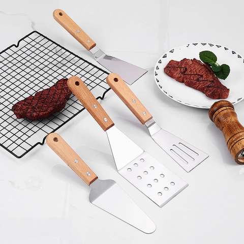 Stainless Steel Cooking Spatula Fish Turner With Beech Wood Handle Heat Resistant Multi Functional Baking Tool For Kitchen