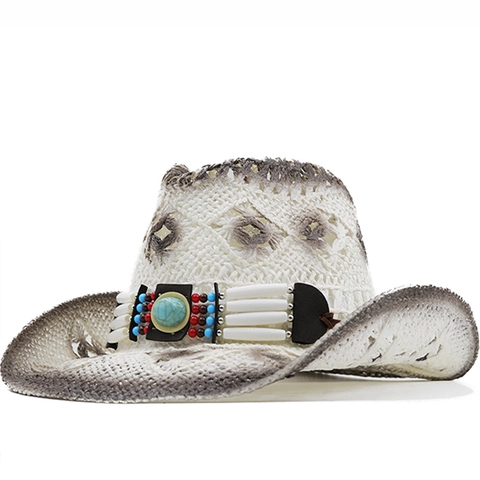 Western Cowboy Strohhut Papier Atmungsaktiv Breite Krempe Boho Türkis Perle Dekoband Sommer Strand Sonnenhut Unisex