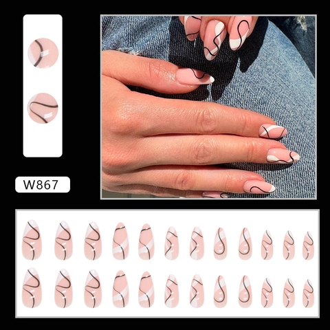 Press On Nägel Almond Künstliche Nägel Minimalistische Schwarz Weiße Wellenlinien Abstraktes Geometrisches Design Maniküre Für Frauen