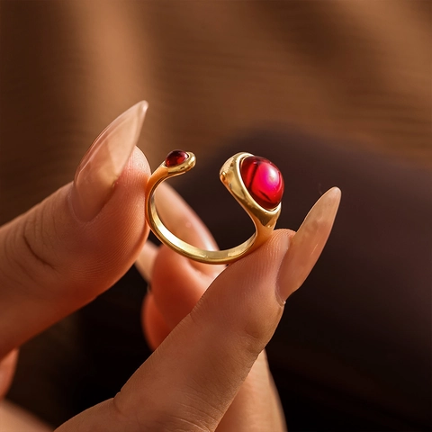 Anillo Abierto de Acero Inoxidable y Granate de Lujo para Mujer Elegante Anillo Geométrico Ajustable Chapado en Oro Plata Joyería