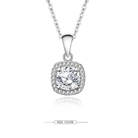 925 Sterlingsilber Moissanit Zirkonia Quadratischer Halo Anhänger Halskette Einfache Mode Damen Schmuck Weißgold Roségold Schmuck Geschenk