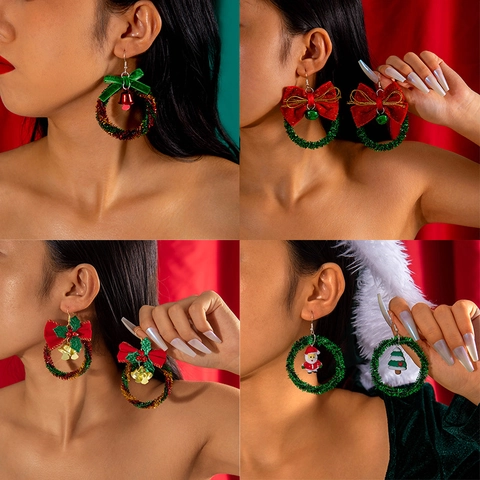 Kerst Krans Oorbellen Legering Tinsel Lint Strik Bel Kerstman Sneeuwpop Feest Sieraden Voor Dames