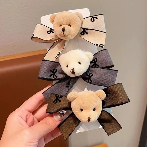 Mollette Per Capelli Con Orsetto Di Peluche E Fiocco Per Ragazze Dolce Cartone Animato Fiocco In Tessuto Accessori Per Capelli Autunno Inverno