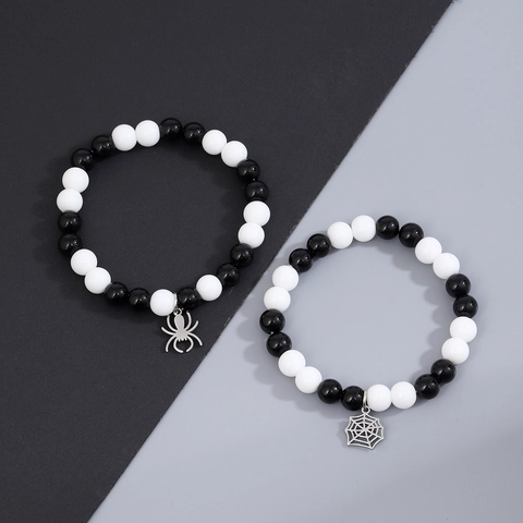 Bracciale Perline Pietra Naturale Lega Ragno Ragnatela Ciondolo Gothic Punk Gioielli Coppia Nero Bianco Elastico