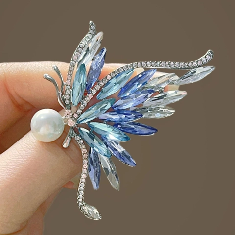 Elegante Spilla A Farfalla Con Cristallo Blu E Perla Artificial In Lega Per Donna Accessorio Di Gioielleria Di Moda