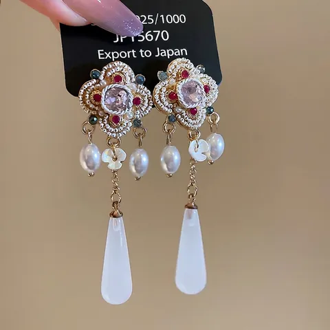 Pendientes Colgantes De Flores Estilo Corte Vintage Aleación Diamantes De Imitación Perla Artificial Falsa Resina Con Poste De Plata 925 Mujeres