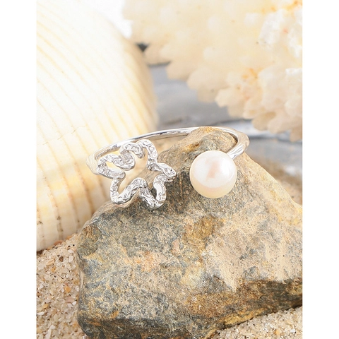 S925 Sterling Silver Open Ring For Women Korean Minimalist Hollow Flower Artificial Pearl Adjustable Finger Ring Jewelry