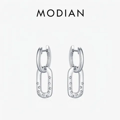 Rectangular Drop Hoop Earrings 925 Sterling Silver With Star Zirconia For Women Luxury Minimalist Style